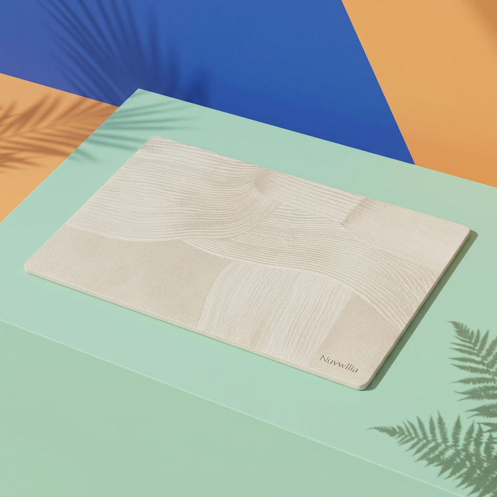 Nuvwllia rectangular bath mat on a colorful studio platform