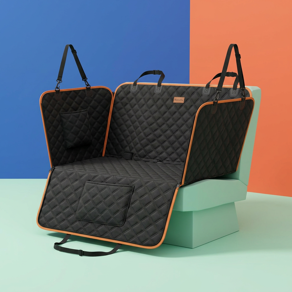 Nuvwllia black and orange pet seat hammock displayed in a colorful studio