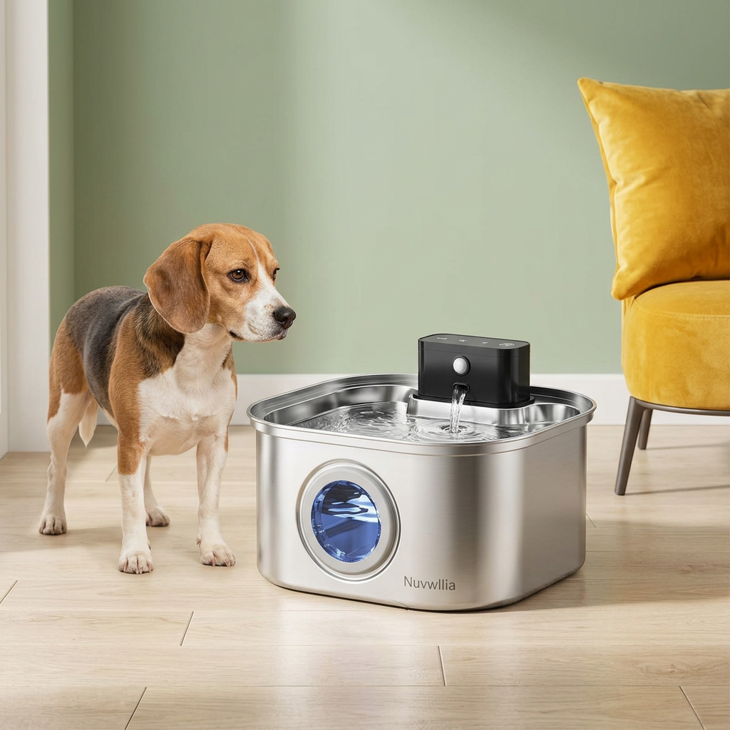 Small adult dog beside a Nuvwllia fountain in a colorful home setting