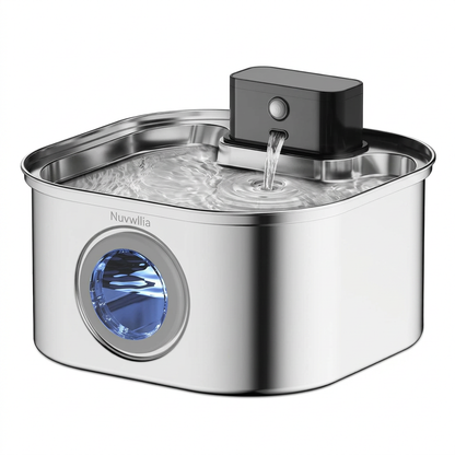 Nuvwllia silver and black circulating pet water fountain on white background