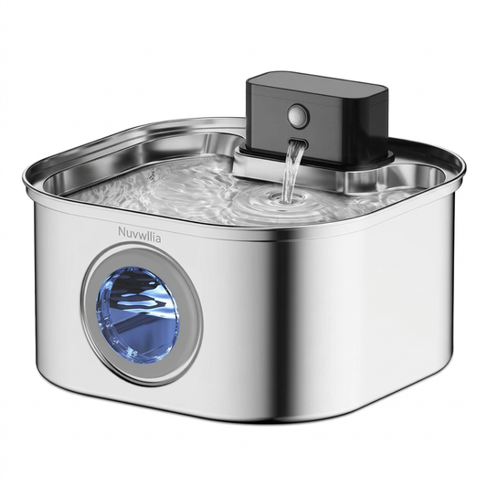 Nuvwllia silver and black circulating pet water fountain on white background