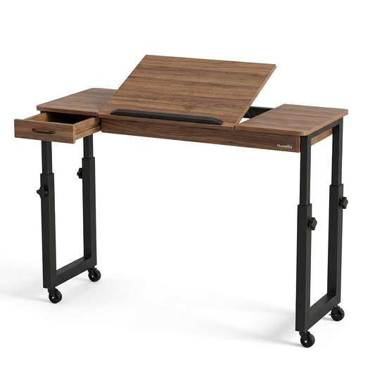 Nuvwllia adjustable overbed laptop desk with wood-look top and black frame on white background