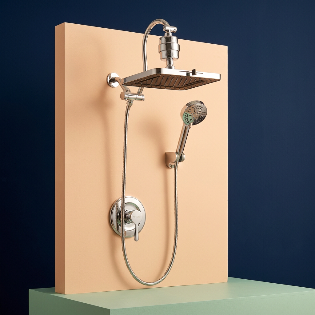 Nuvwllia shower assembly on a colorful studio wall display
