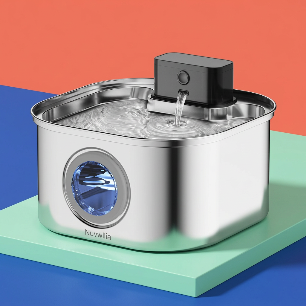 Nuvwllia circulating pet fountain on a colorful studio platform