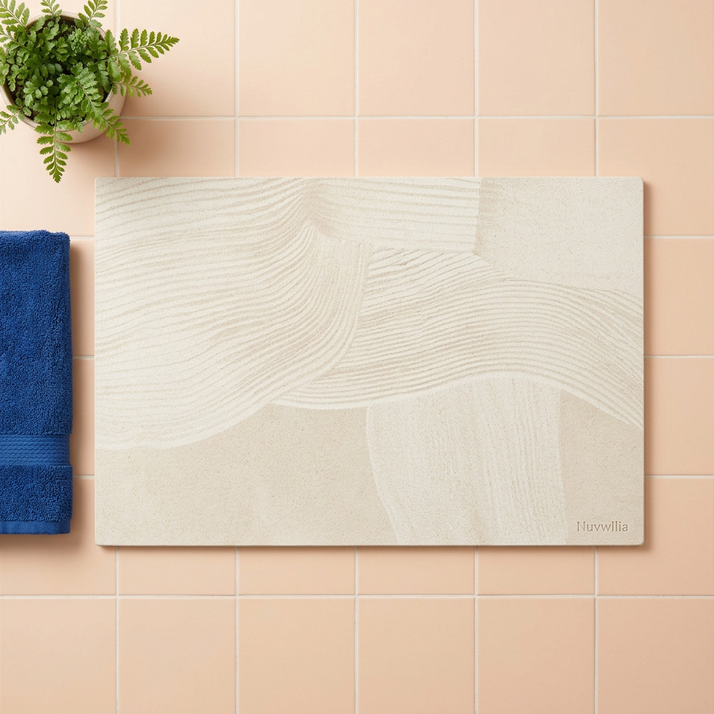Overhead view of rectangular ivory bath mat with colorful bathroom accents
