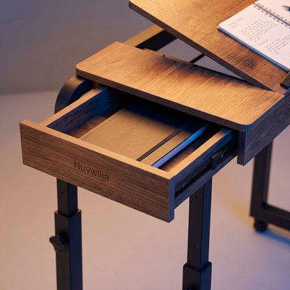 Shallow side storage drawer in Nuvwllia wood-look desktop