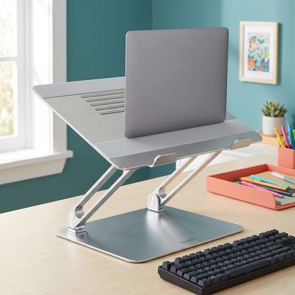 Nuvwllia laptop stand with laptop and separate keyboard in a colorful office
