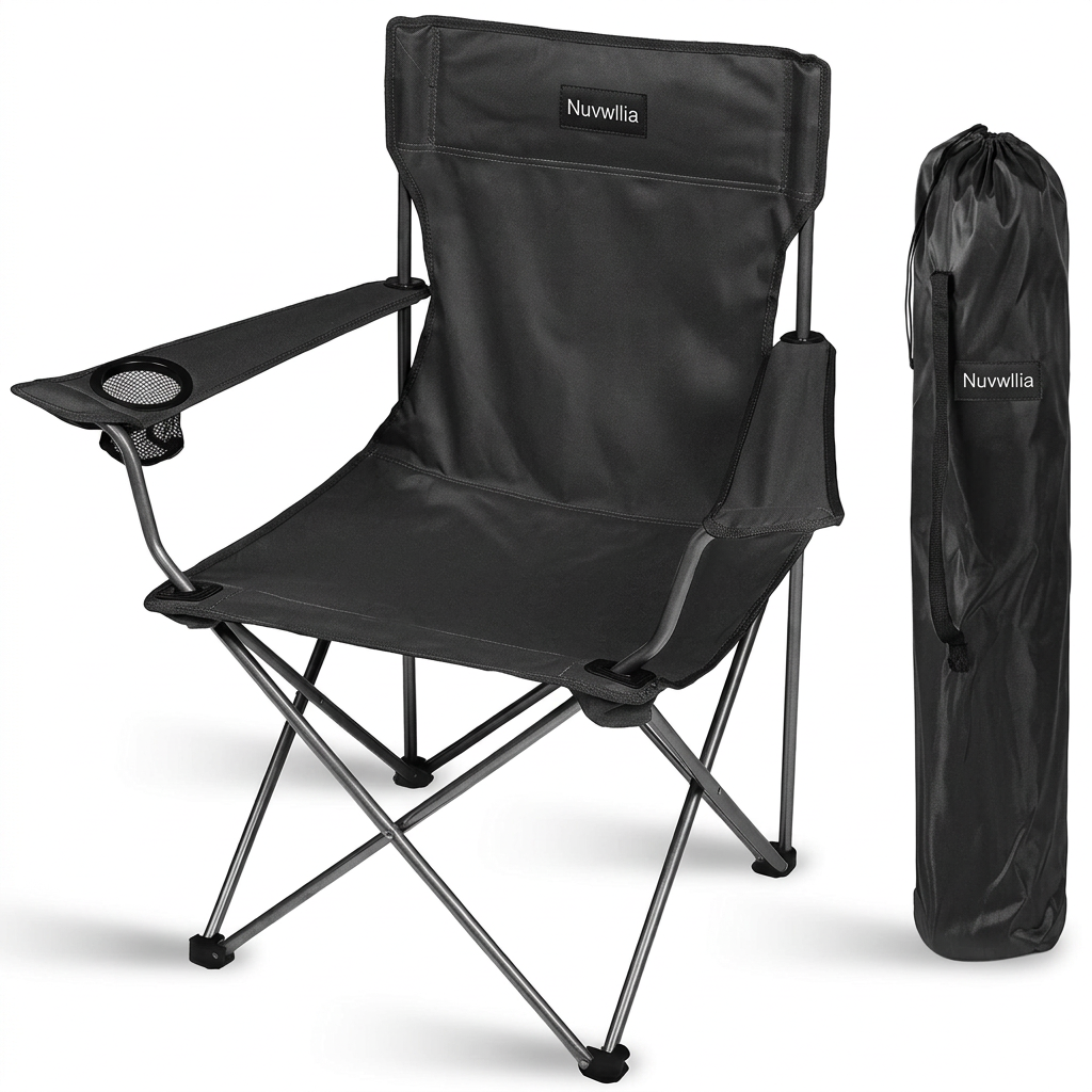 Nuvwllia black folding camping chair and matching carry sleeve on white background