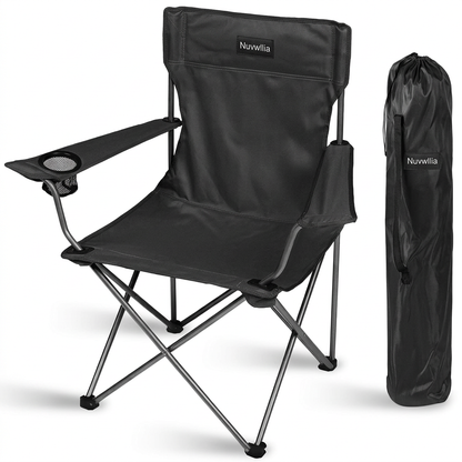 Nuvwllia black folding camping chair and matching carry sleeve on white background
