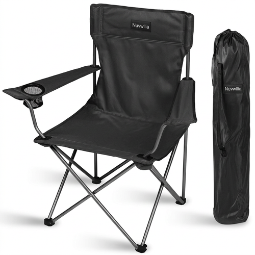 Nuvwllia black folding camping chair and matching carry sleeve on white background