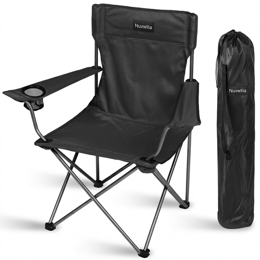 Nuvwllia black folding camping chair and matching carry sleeve on white background