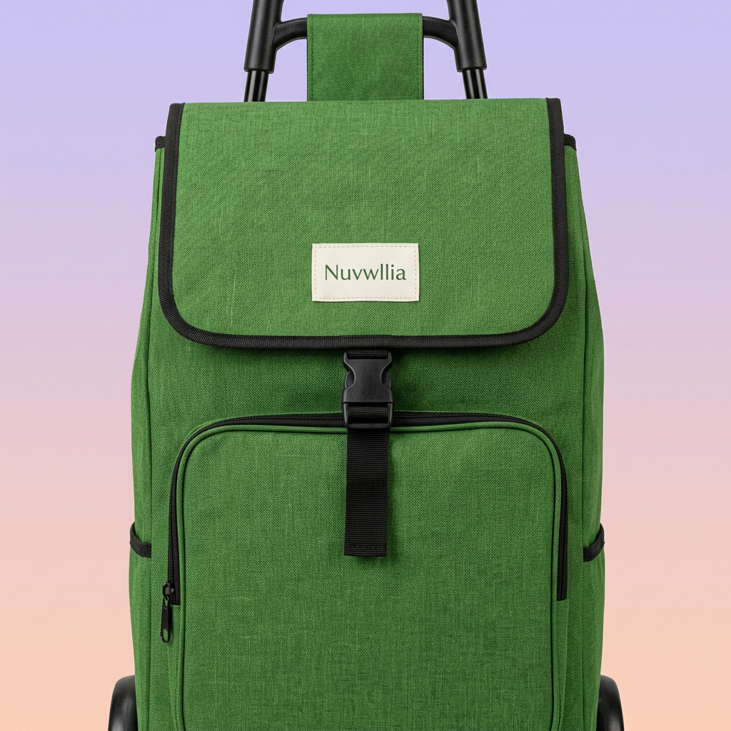 Close-up of green top flap buckle and Nuvwllia woven label