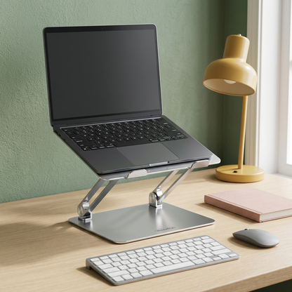 Nuvwllia laptop stand arranged in a colorful home workspace