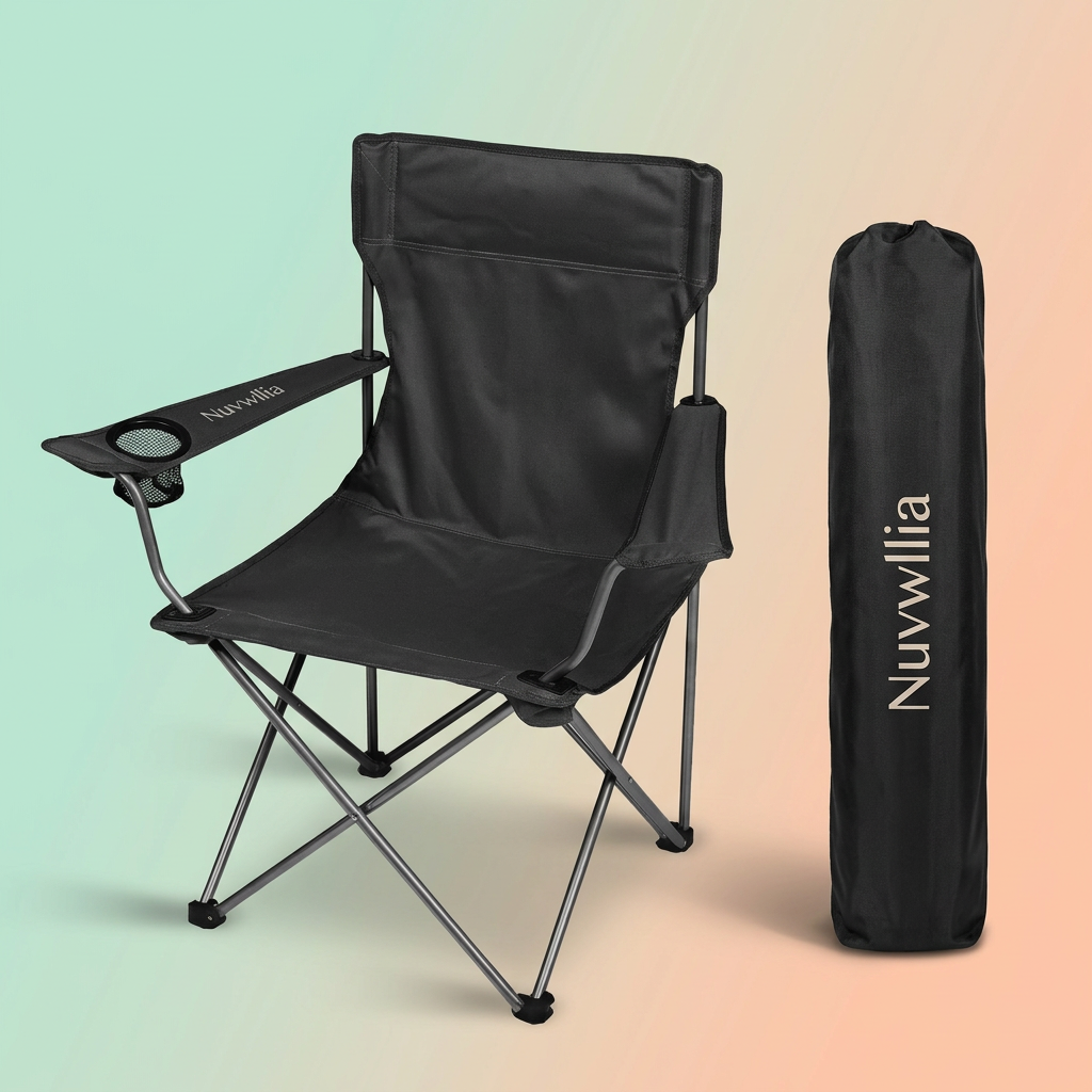 Open Nuvwllia folding chair beside packed carry sleeve