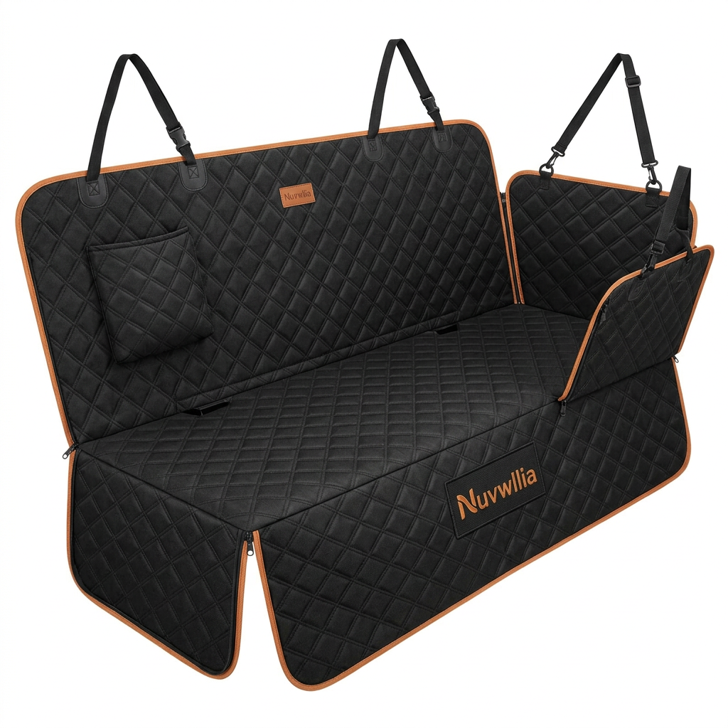 Nuvwllia black quilted pet rear-seat hammock cover with orange trim on white background