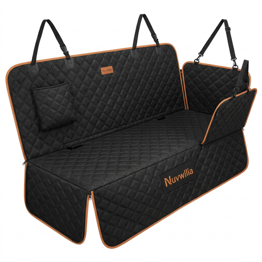 Nuvwllia black quilted pet rear-seat hammock cover with orange trim on white background