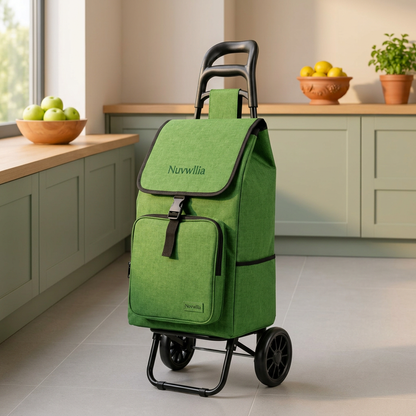 Nuvwllia green shopping trolley beside a kitchen counter