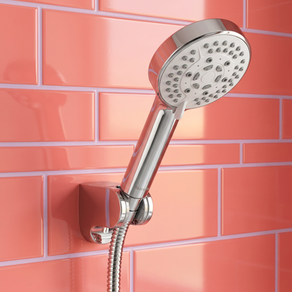 Round handheld shower head with Nuvwllia handle branding