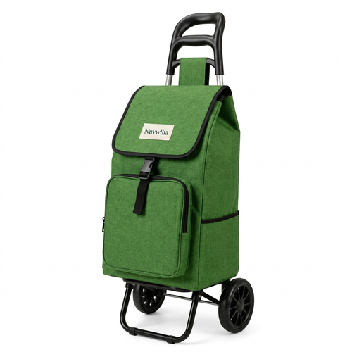 Nuvwllia green shopping trolley with black handle and two wheels on white background