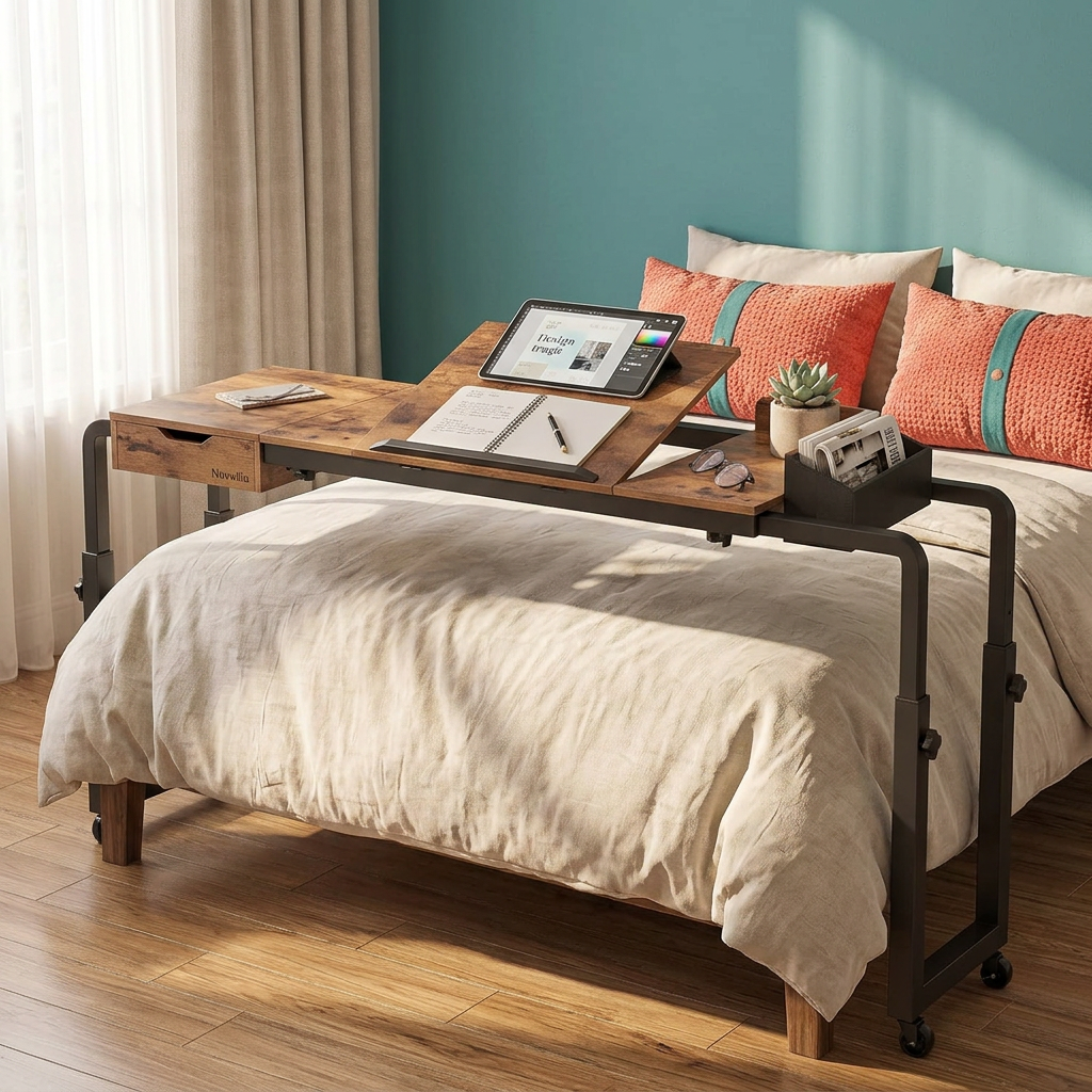 Nuvwllia overbed desk styled across a bed in a colorful bedroom