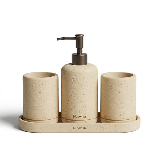 Nuvwllia ivory stone-look four-piece bathroom vanity set on white background