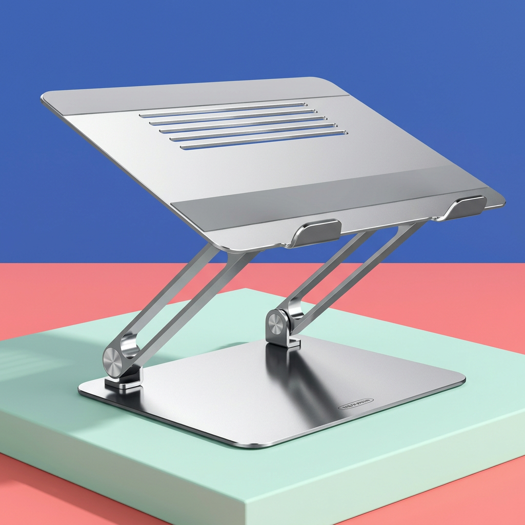 Silver Nuvwllia laptop stand on a colorful studio platform