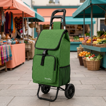 Nuvwllia green rolling shopping trolley on a colorful market walkway