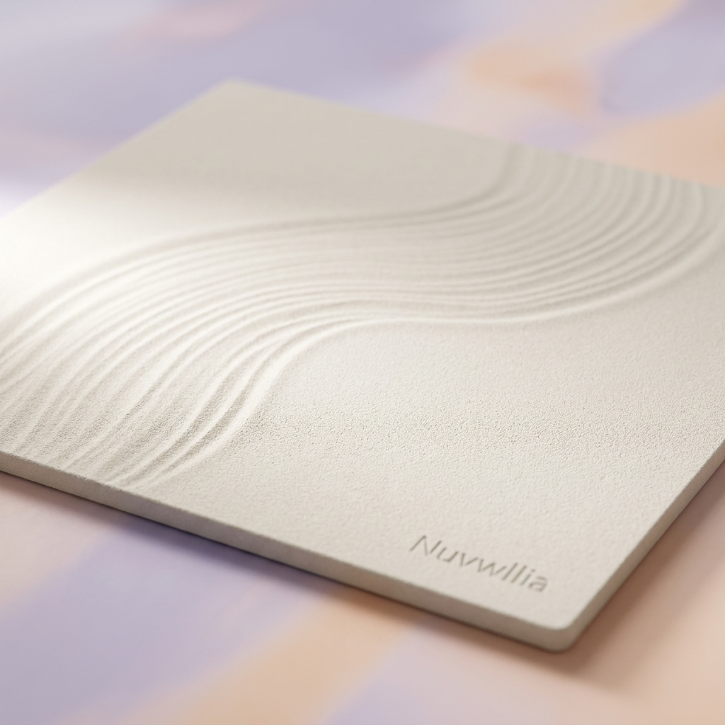 Close-up of pale wave-inspired bath mat surface and Nuvwllia branding