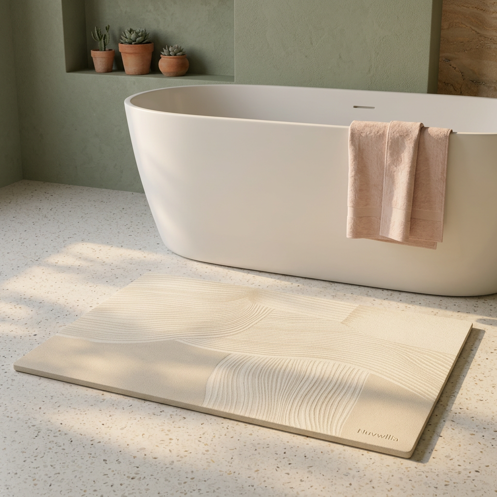 Nuvwllia ivory bath mat styled beside a freestanding bathtub