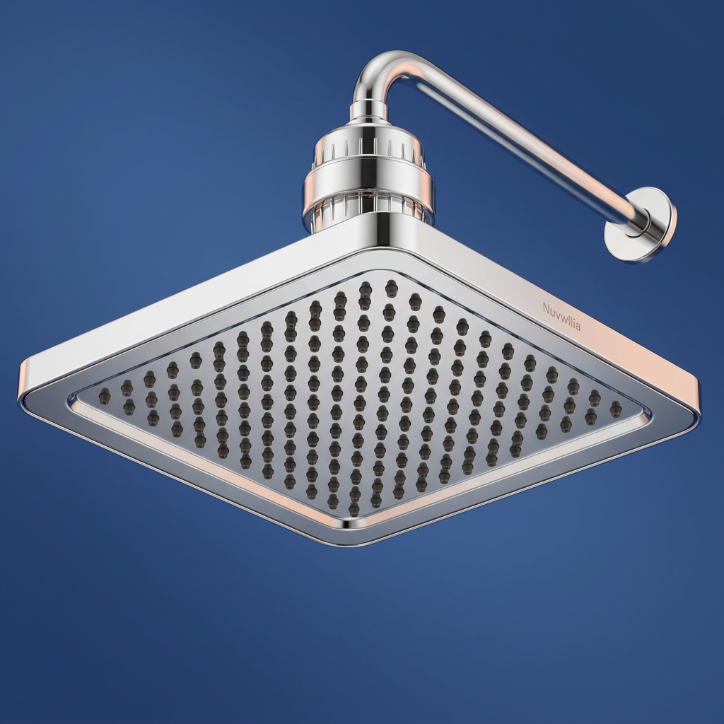 Detail of square overhead shower face and chrome-look rim
