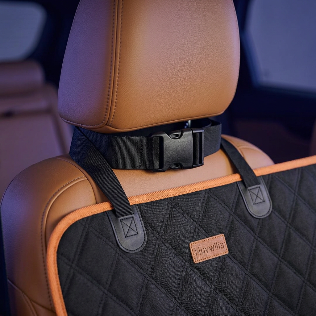 Cover attachment strap around a vehicle headrest and orange-trimmed panel