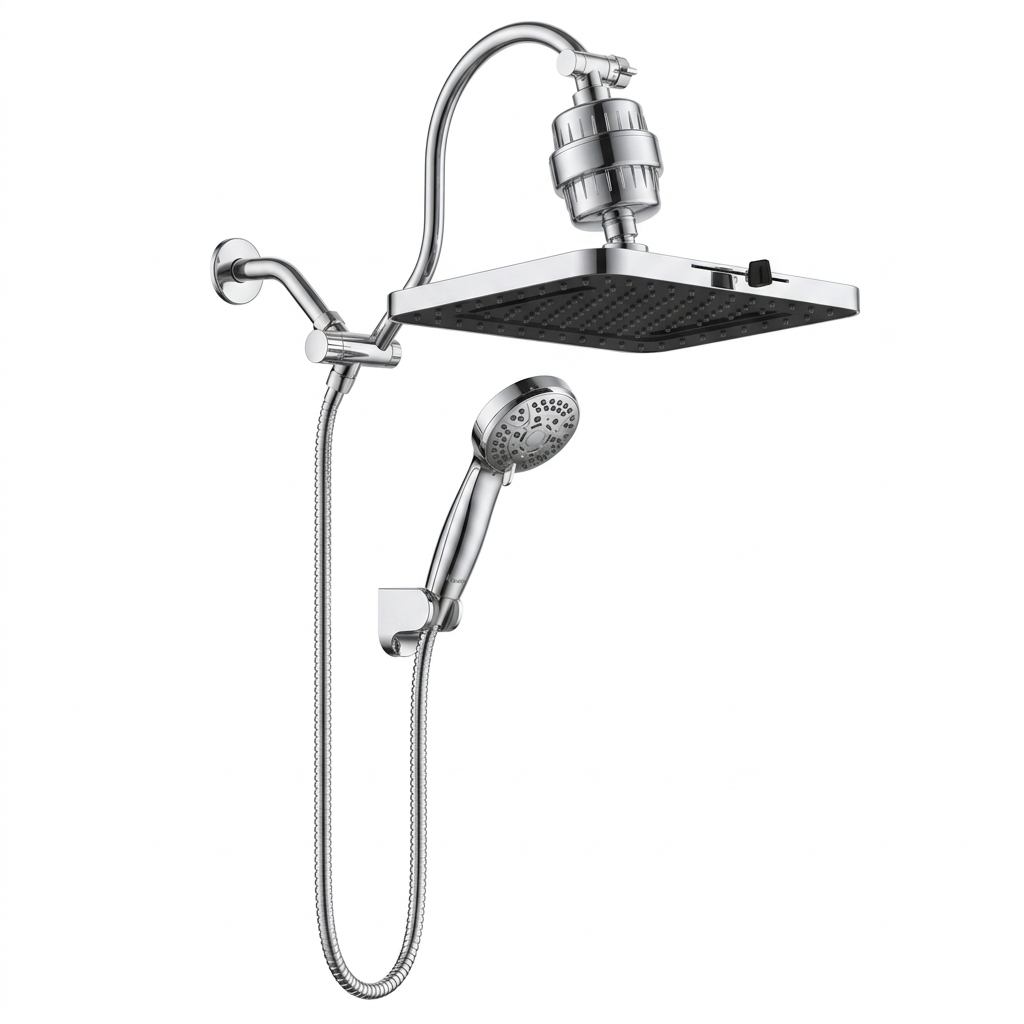 Nuvwllia overhead and handheld filter shower set on a white background