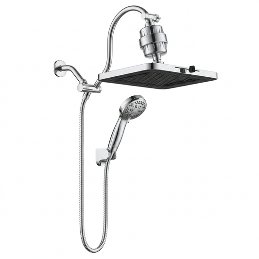 Nuvwllia overhead and handheld filter shower set on a white background