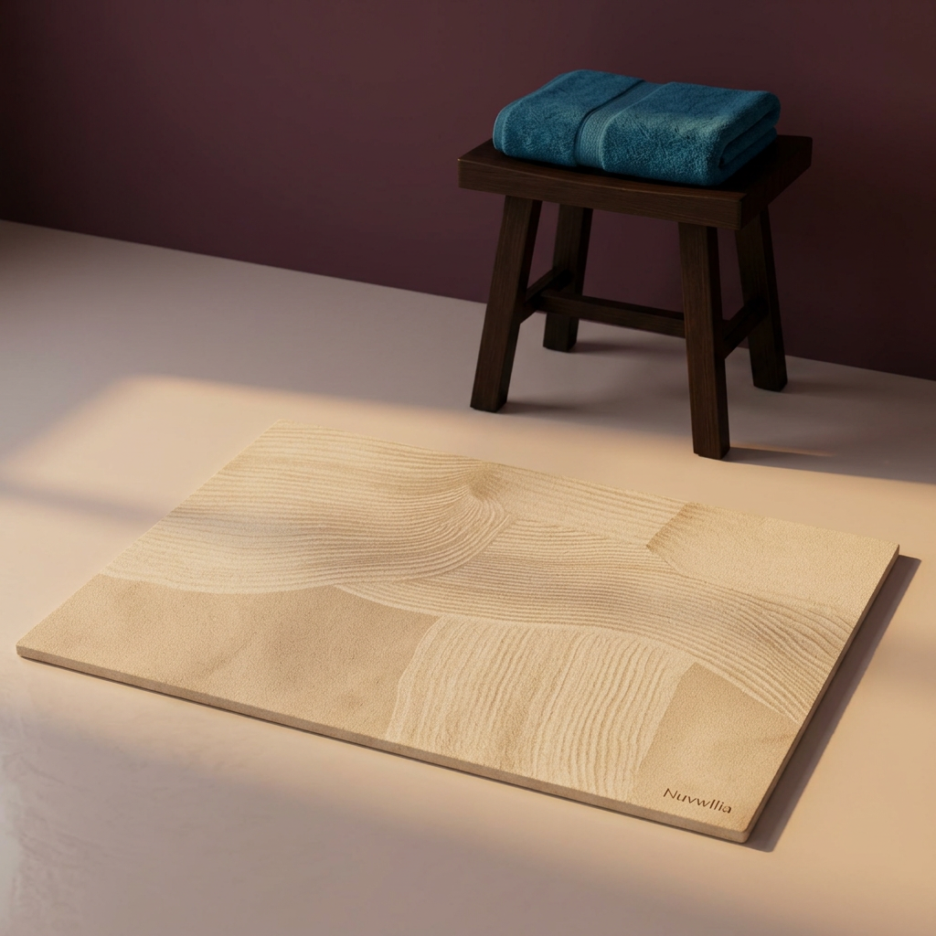 Nuvwllia bath mat in a warm evening bathroom setting