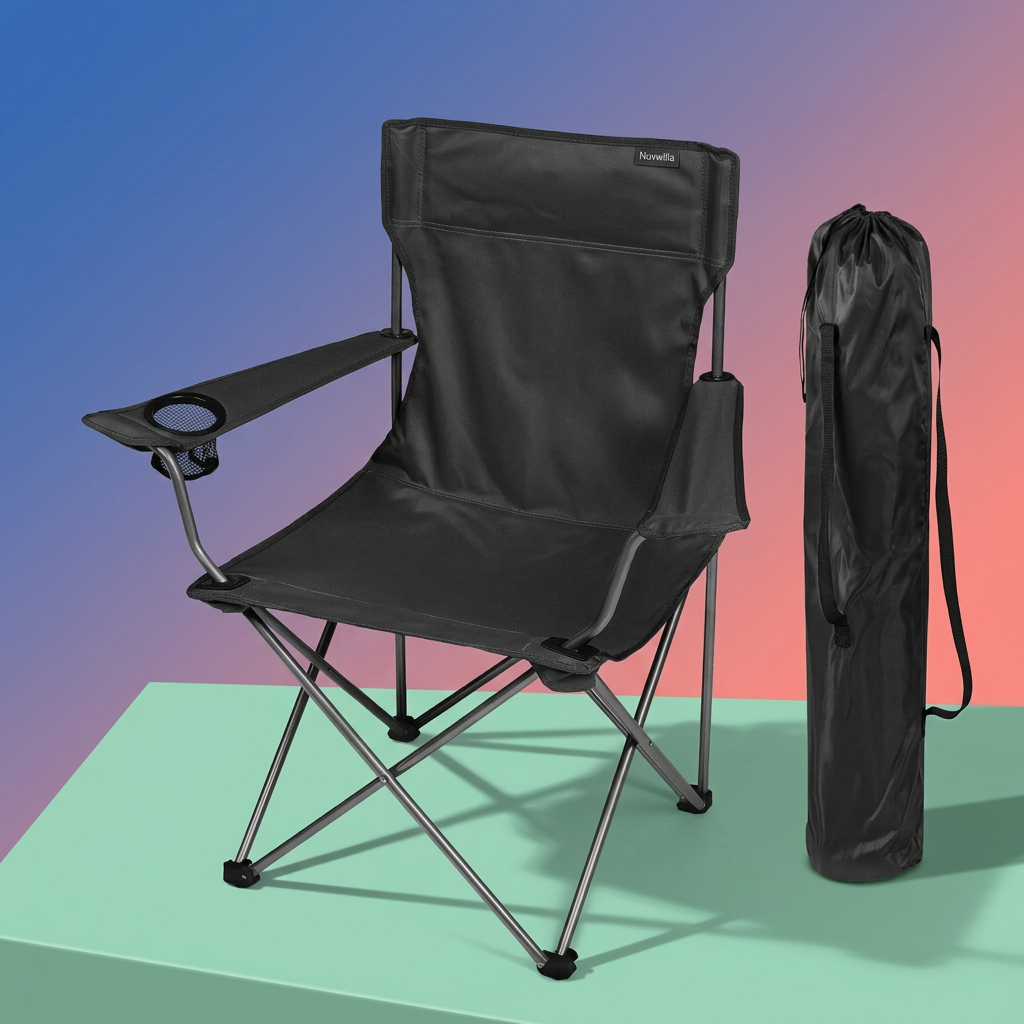 Black Nuvwllia camping chair and sleeve on a colorful studio platform