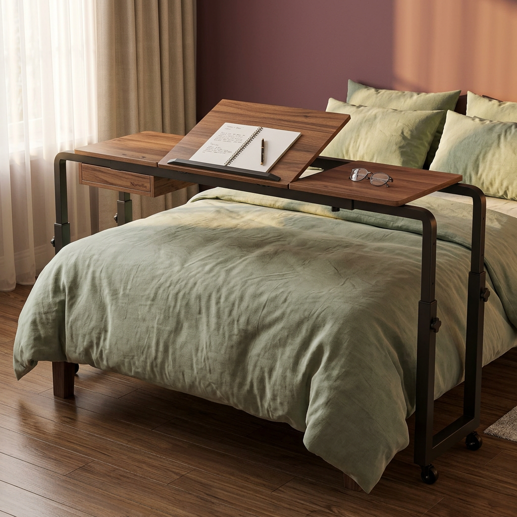 Nuvwllia overbed desk in a warm evening bedroom reading setting