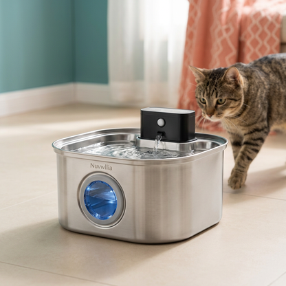 Adult cat approaching a Nuvwllia fountain in a colorful home corner
