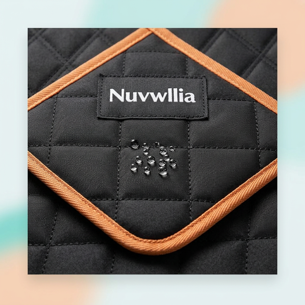 Close-up of quilted cover surface with small water droplets and orange edging