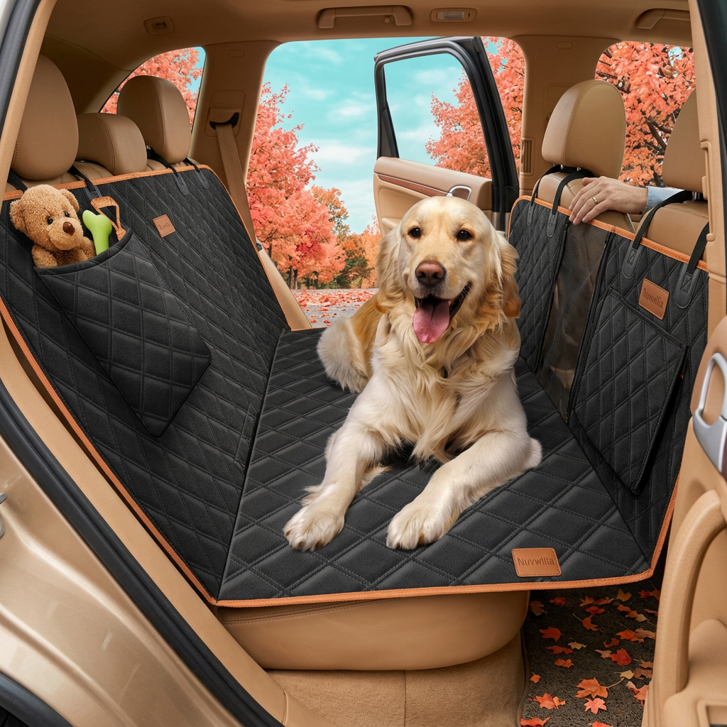 Golden retriever on Nuvwllia seat cover during supervised parked-car setup
