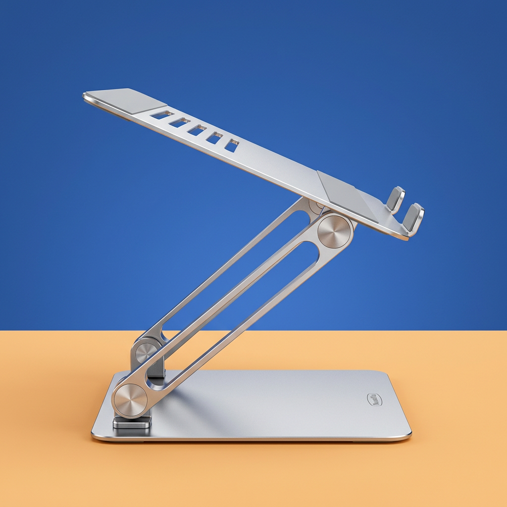 Side profile of articulated arms and tilted laptop support plate
