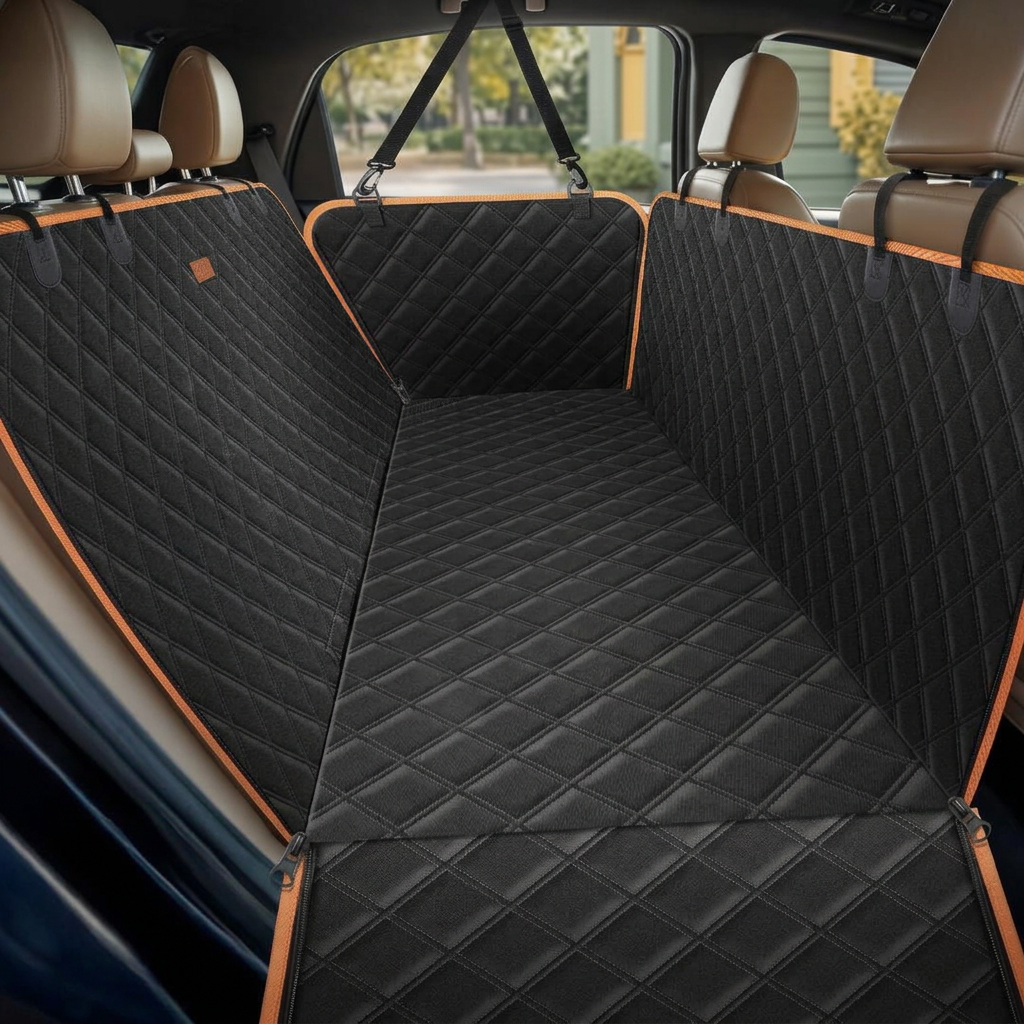 Raised side flap and zippered edge detail of pet rear-seat cover