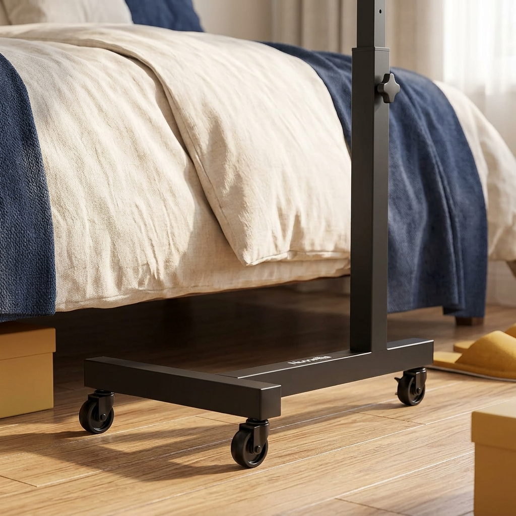 Black floor base and caster wheels beside a bed