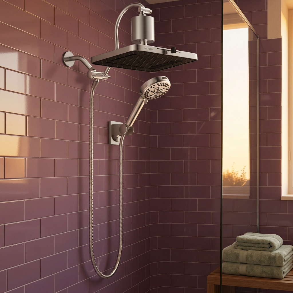 Nuvwllia shower set in a plum tiled evening bathroom scene