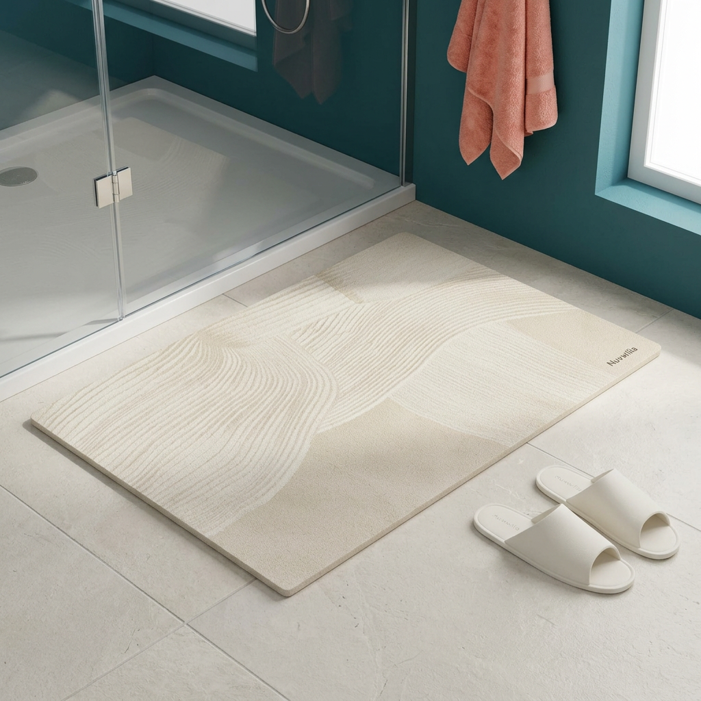 Ivory Nuvwllia bath mat outside a teal tiled shower