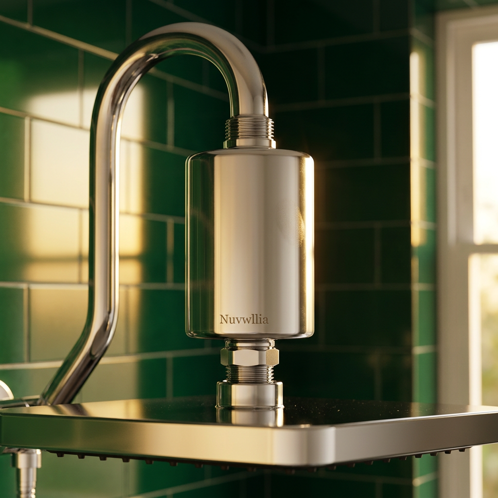 Exterior detail of inline shower filter housing