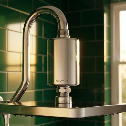 Exterior detail of inline shower filter housing