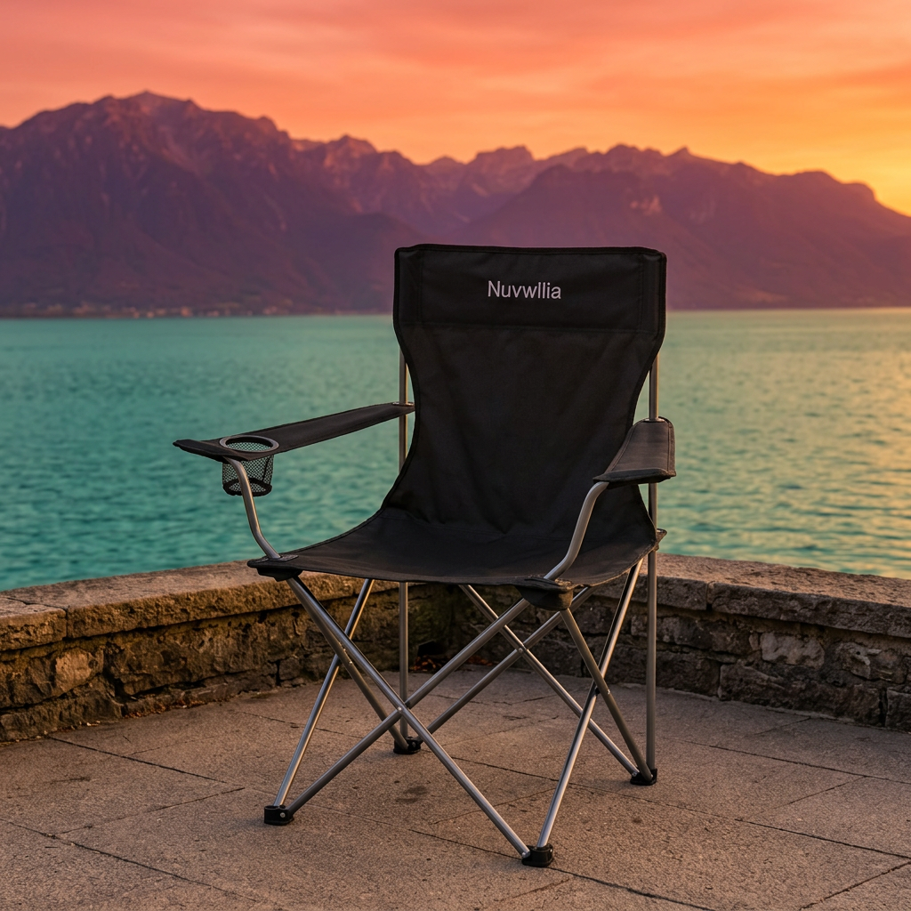 Nuvwllia camping chair at a level lakeside viewpoint in sunset light