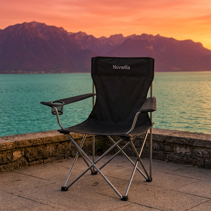 Nuvwllia camping chair at a level lakeside viewpoint in sunset light