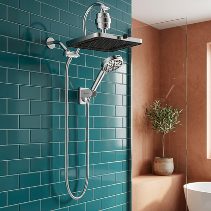 Nuvwllia dual shower set styled in a teal tiled shower